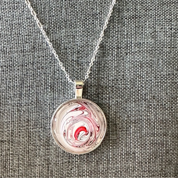 Hand painted Abstract Acrylic fluid art round bezel pendant necklace red white - Picture 3 of 8